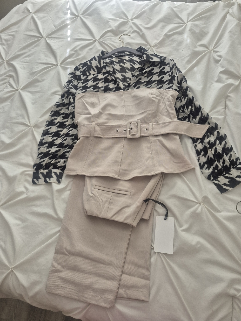 Boutique | Houndstooth Jacket with Beige Belted Bustier and Trousers